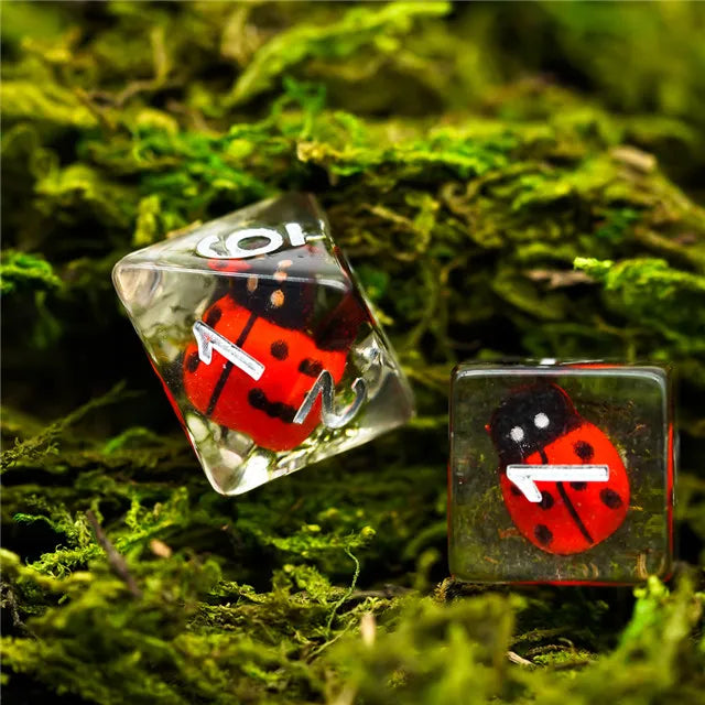 Ladybug 7pc Dice Set Inked in Silver Inclusion Dice Sets